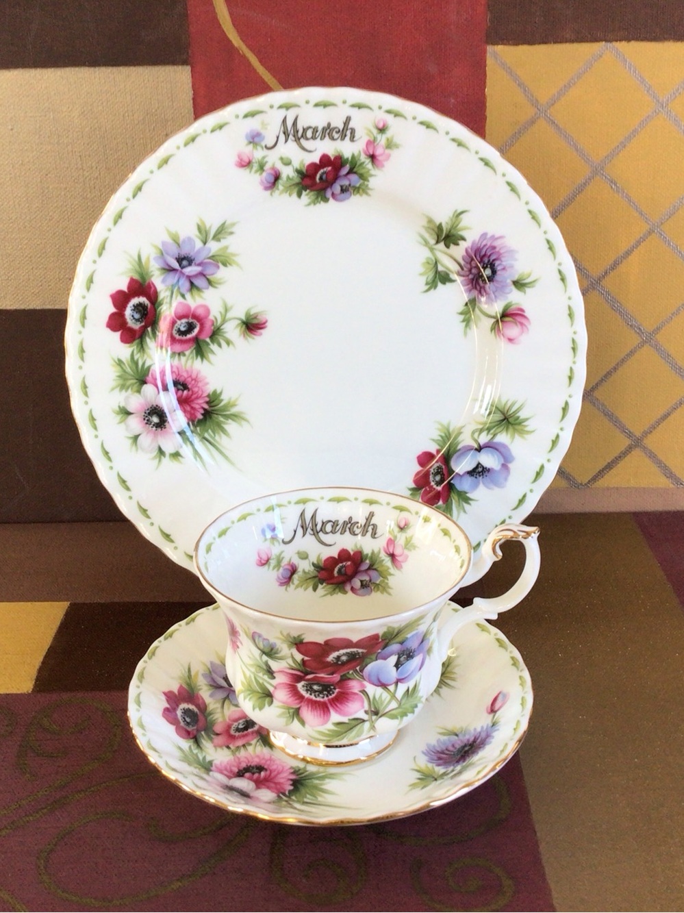 Royal Albert March Anemones Tea Cup Trio